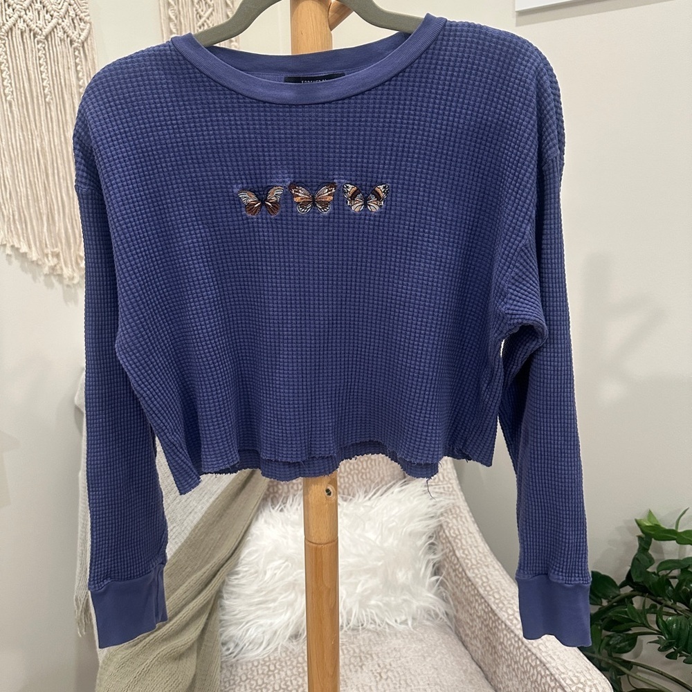 Forever 21 Butterfly Embroidered Waffle Knit Cropped Top Blue S - Picture 1 of 5